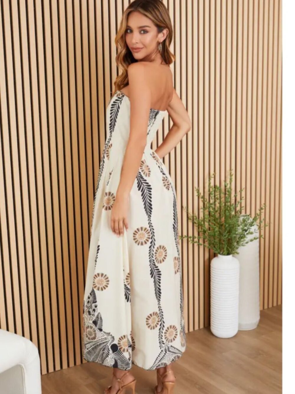 Milio Milano Aussie Strapless Cotton Floral Maxi Dress Beige Medium